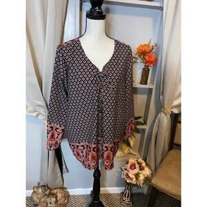 Time To Bloom size 2X EUC Tie Front Elastic Wrist Sleeve Paisley Print Top